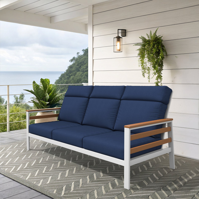 Canapé d'extérieur en métal avec coussin Sunbrella Townsend, Toile bleu marine, Brun