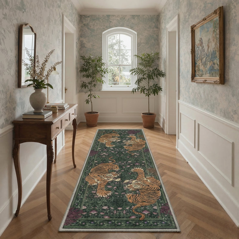 Teiarra Tiger Print Machine Washable Area Rug With Non-Slip Backing, Runner 2' x 6', Sage Green