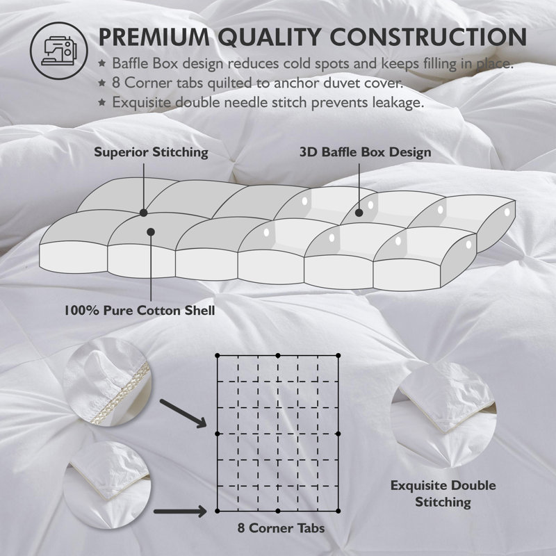 Luxurious All-Season Exquisite Pinch Pleat Design Goose Down Comforter Duvet, 750+ Fill Power, 100% Down-Proof Cotton Cover
