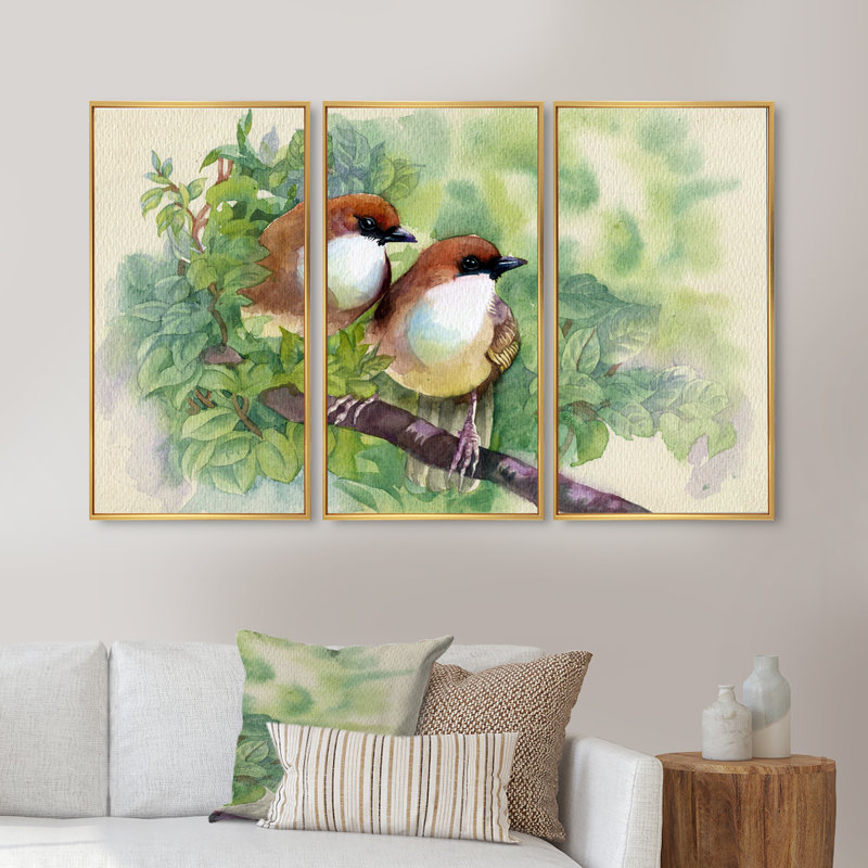 Oiseaux du printemps - Ensemble de 3 reproductions d'art encadrées sur toile, H 28 po x l 36 po x P 1 po, Cadre doré
