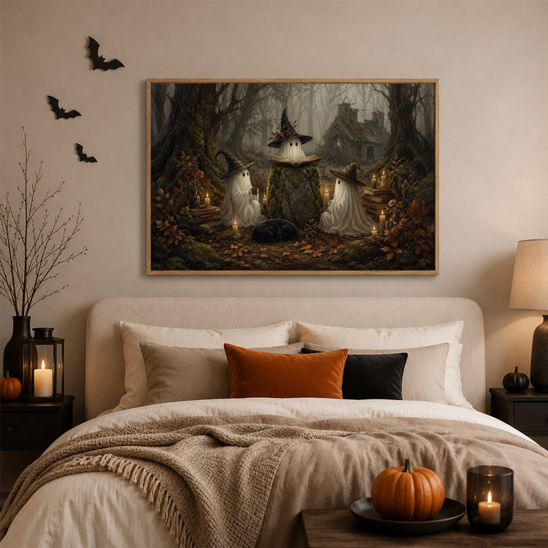 Trois fantômes dans des chapeaux de sorcière, art mural d'Halloween aux chandelles, automne, 32"H x 48"W