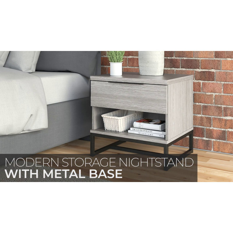 White Spruce Modern Nightstand with Drawer and Open Shelf