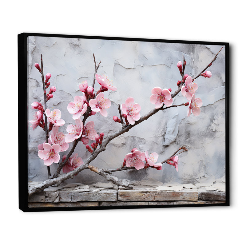 Fleurs de cerisier rose fin de l'hiver - art mural cerisier en fleurs, Cadre flottant noir, H 34 po x l 44 po x P 1,5 po
