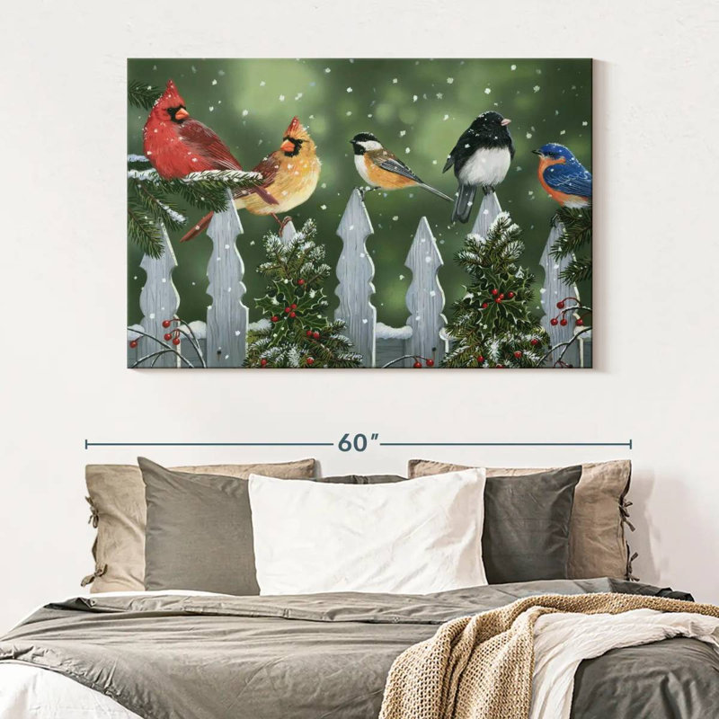 Oiseaux d'hiver sur une clôture enneigée, H 34 po x l 51 po