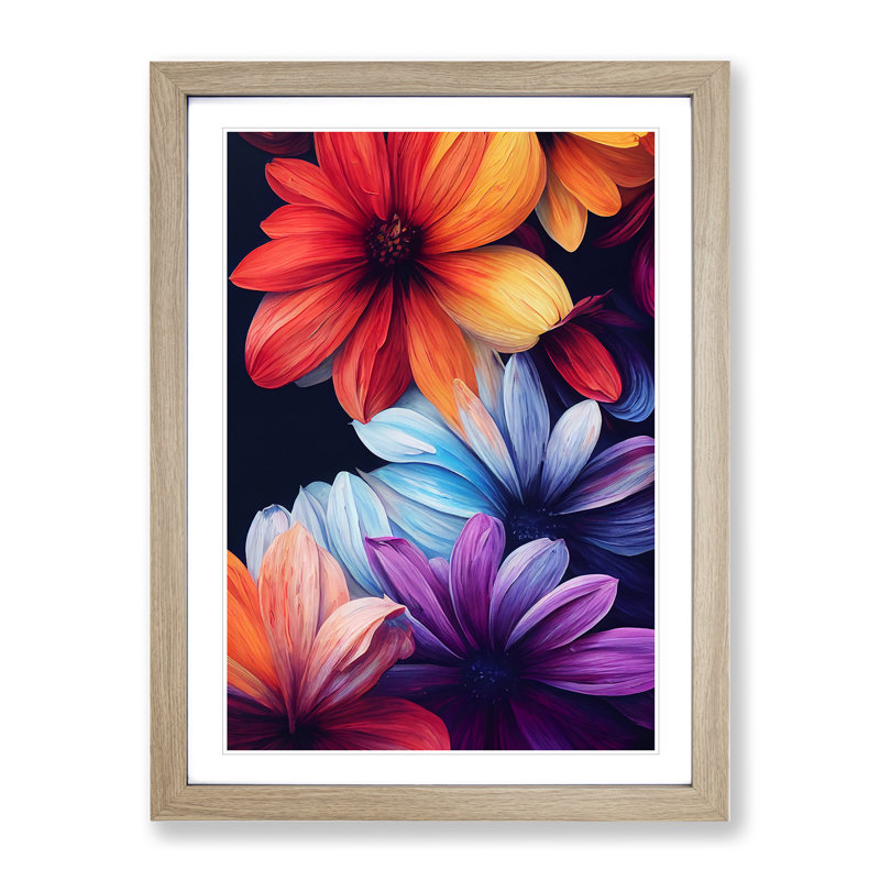 Colourful Flowers No.1 - Wall Art, 66cm H x 48cm W x 2cm D, Oak Framed, White