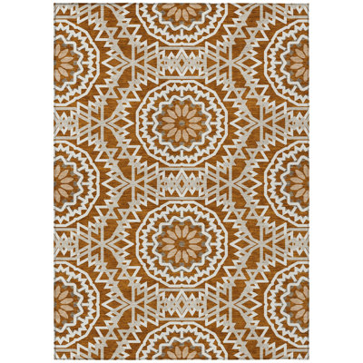 8' X 10' Orange Copper And Beige Floral Medallion Washable Indoor Outdoor Area Rug