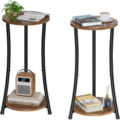 Ensemble de 2 tables d'appoint rondes, tables de bout à 2 niveaux avec tablette de rangement, tables d'appoint minces et tables d'appoint brun rustique pour le salon et la chambre à coucher