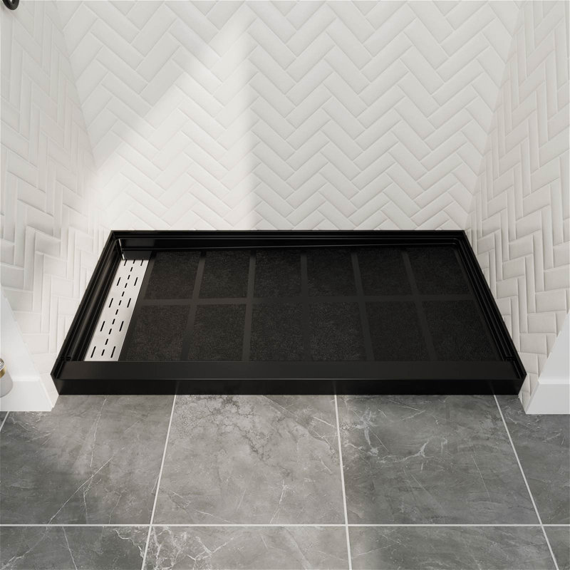 Base de douche à surface solide l 60 po x P 34 po avec ensemble de bonde et couvercle de bonde, bac de douche à seuil simple, conception antidérapante, 2 options de couleur