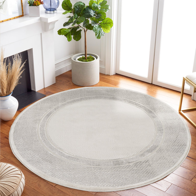 Tapis traditionnel gris / crème à motif géométrique Curran Collection, Rond 7 pi 9 po