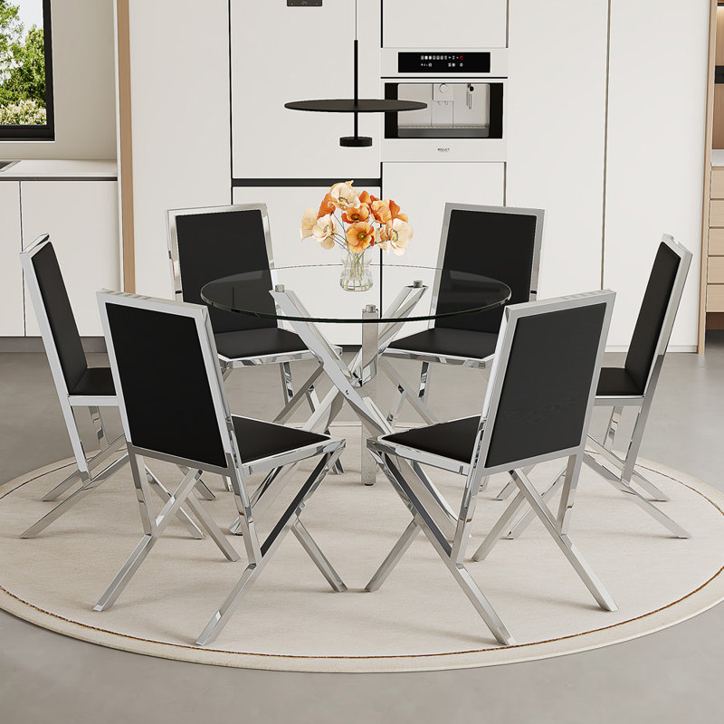Ensemble repas pour 6 personnes, Noir + argent, transparent, 7, Noir et argent