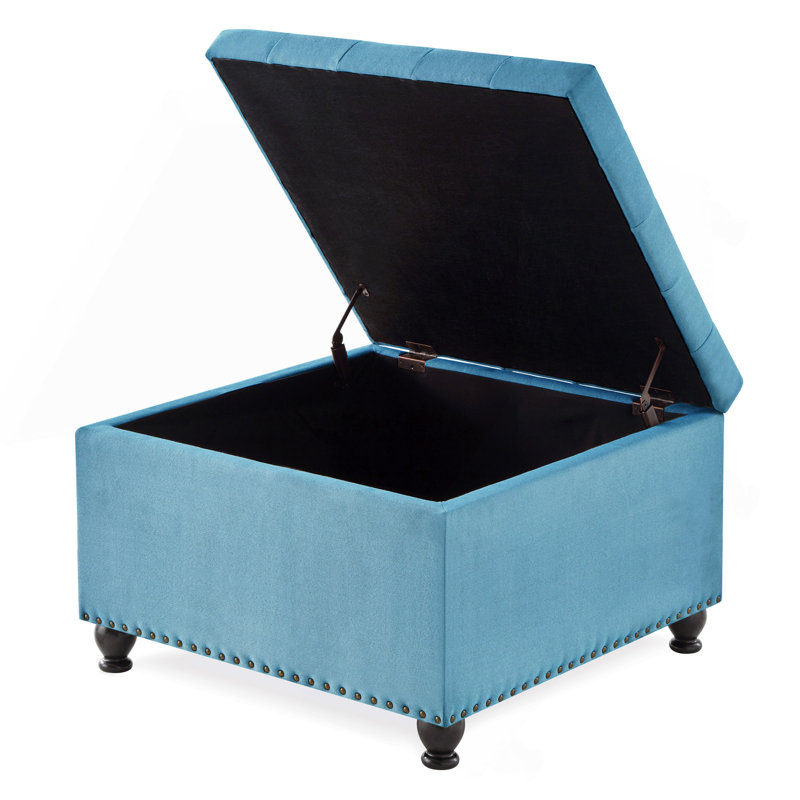 Grand repose-pieds carré avec rangement et pieds en bois, table basse capitonnée avec garniture cloutée (SEULEMENT UN OTTOMAN)