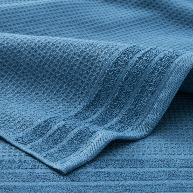 TOWN & COUNTRY BASICS 4-Piece Waffle Woven Terry Stripe Bath Towel Set, 30x56-Inch, 100% Cotton, Quick Dry, Blue