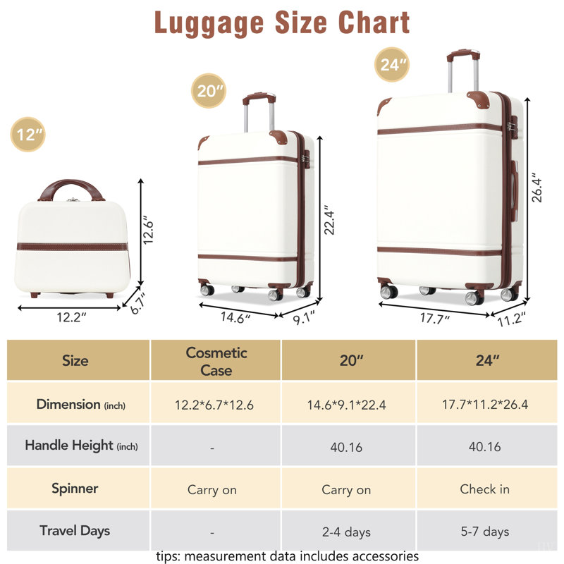 Ensemble de 3 valises à roulettes Hardshell avec valise TSA, Blanc