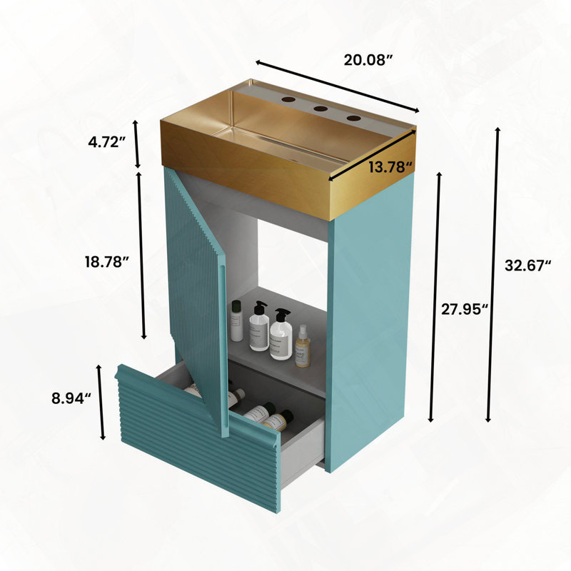 Meuble-lavabo autoportant avec évier intégré en acier inoxydable moderne avec rangement rayé, Turquoise