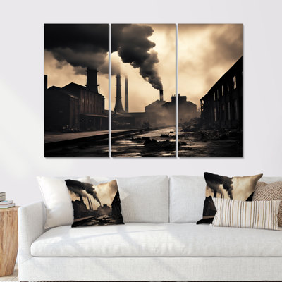 Rainy Monochrome Industrial Landscape - Factories Wall Art Living Room Set
