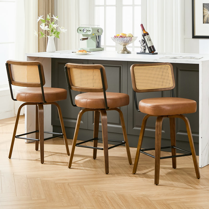 26" Swivel Counter Stool with Rattan Back and Walnut-Finish Bentwood Legs, Brown Faux Leather, 3