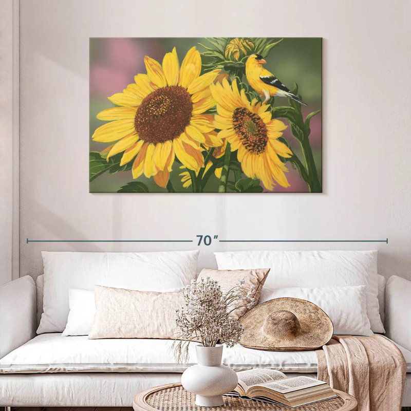 Harnek chardonneret et tournesols, H 30 po x l 45 po