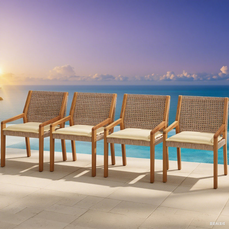 Chaises de salle à manger d'extérieur en bois d'acacia et osier avec coussins crème - capacité de 400 lb (ensemble de 4)