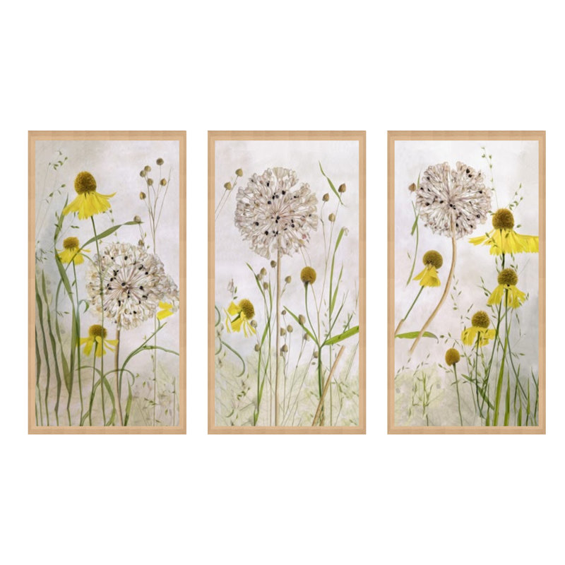 Alliums and Heleniums - 3 pièces sur toile, Toile naturelle avec cadre flottant, No Mat, H 40 po x l 60 po