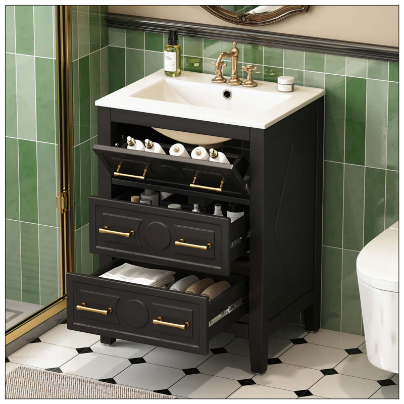 Lavabo de salle de bain autoportant en bois massif à 3 tiroirs en céramique, Noir