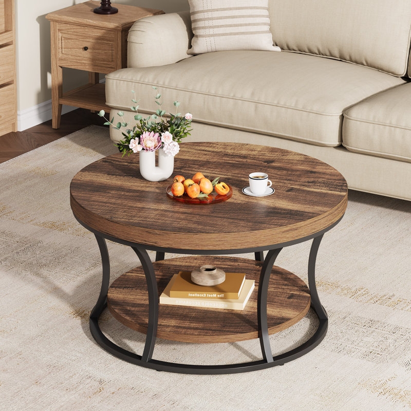 31.49’’ Round Coffee Table With 2-Tier Storage Shelves, Brown Wood
