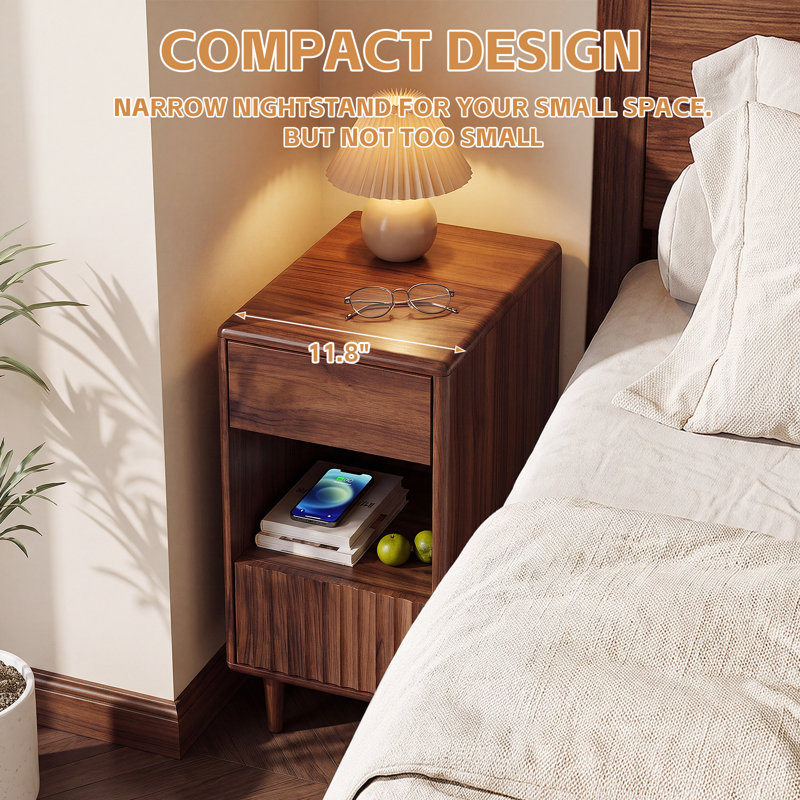 Modern Fluted Nightstand with 2 Drawers, Handleless Bedside Table for Small Spaces