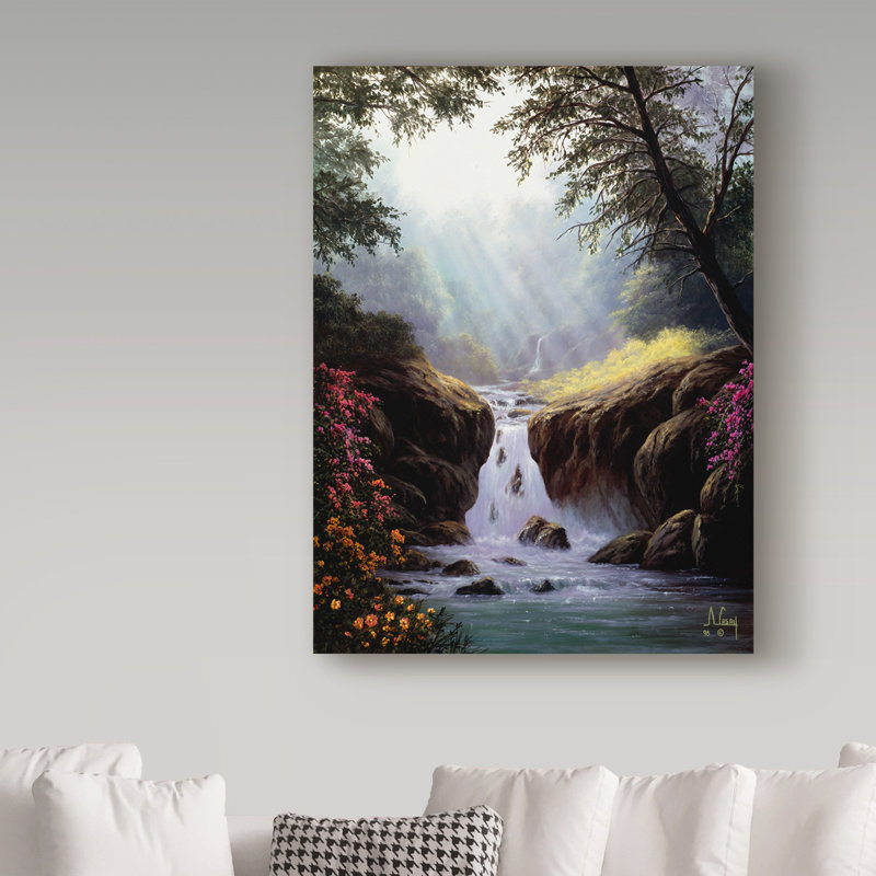 «Light on a Waterfall» de Fikes, reproduction de peinture à l'huile sur toile tendue, H 19 po x l 14 po