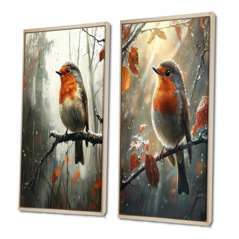 «Robin Bird In The Forest Rain I», art sur toile 2 panneaux, 40" H x 41" W, Cadre crème crème