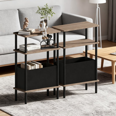 Table d'appoint étroite et étroite avec panier en tissu, ensemble de 2 tables de bout pour petits espaces, table de chevet avec tablette de rangement à 3 niveaux, table d'appoint pour canapé et canapé pour le salon et la chambre à coucher