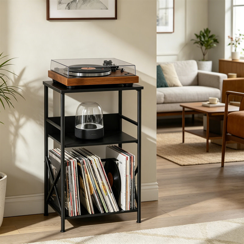Record Player Stand with Charging Station, 3 Tier Side Table Holds 100 Vinyl, Black