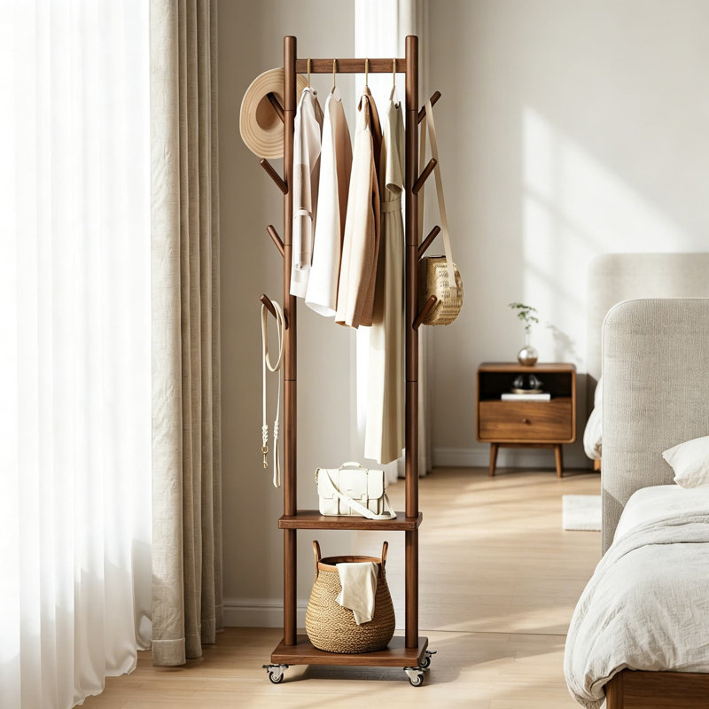 Portemanteau en bois massif autoportant avec roues, portemanteau roulant robuste avec 8 crochets et tablettes, portemanteau portatif pour suspendre les vêtements, portemanteau pour entrée, salon, chambre à coucher, noyer