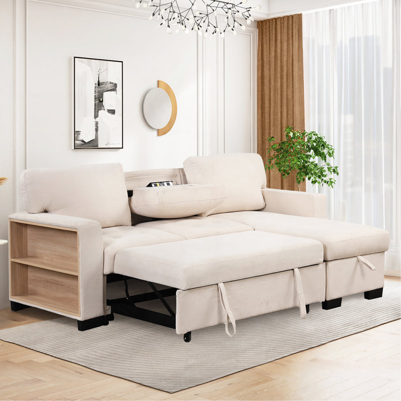 Méridienne modulaire élégante et fonctionnelle avec support escamotable, table rabattable et chargeur USB beige