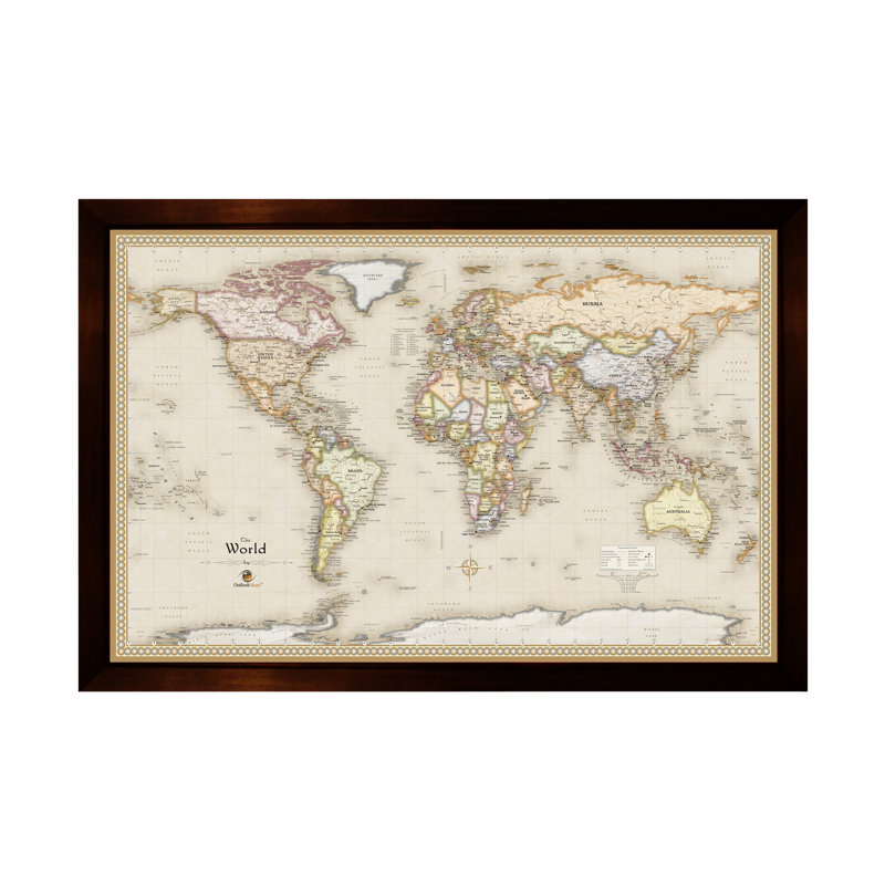 Carte du monde magnétique encadrée, H 25 po x l 37 po x P 1 po, Beige