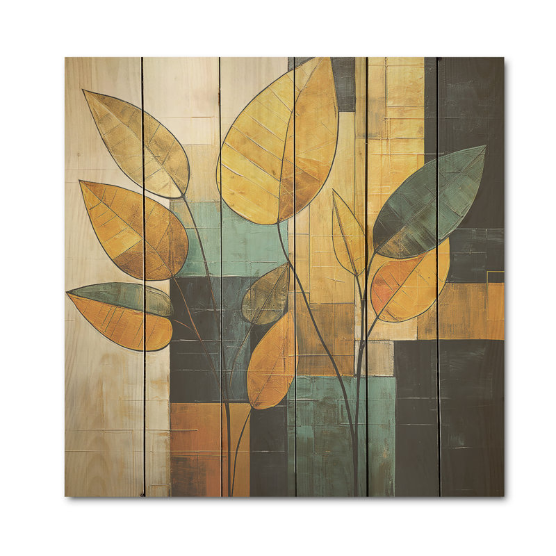 Feuillage géométrique doré - Feuilles de bois, art mural sur bois de pin naturel, H 15 po x l 15 po