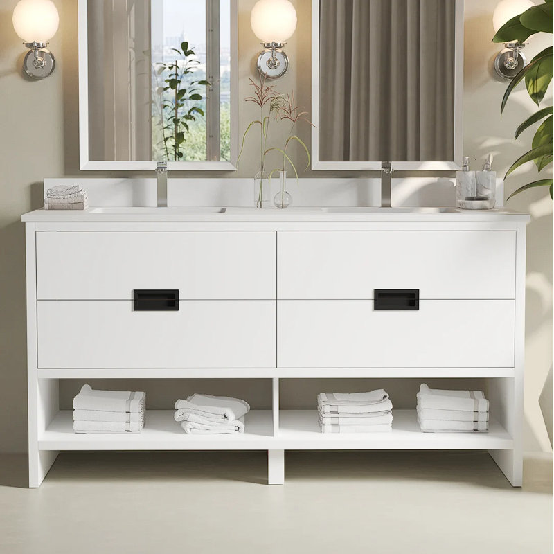 Meuble-lavabo double 63 po avec comptoir en quartz Francia, Blanc