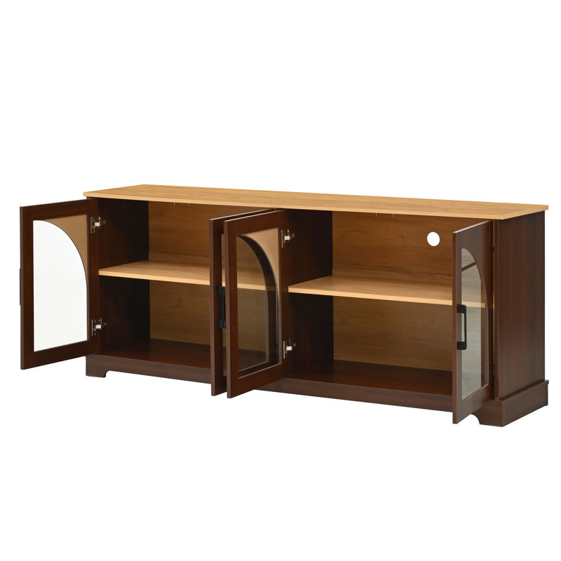 66.9" Sideboard With Storage, Farmhouse TV Stand With 4 Semi-Arched Glass Doors, Wood Grain Sideboard With Adjustable Shelves And Cable Management