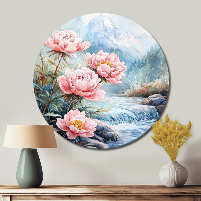 Ulrike - pivoines, art mural rond en métal, H 16 po x l 16 po
