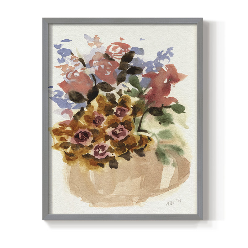 Mauve Bouquet in Teapot II, reproduction encadrée - bois massif, Gris, H 15 po x l 12 po