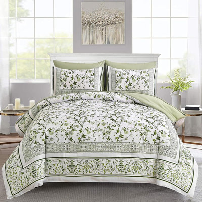 Ensemble d'édredon pour grand lit, lit floral vert sauge 7 pièces dans un sac, literie en microfibre botanique blanche avec édredon, draps, taies d'oreiller et taies d'oreiller, toutes saisons