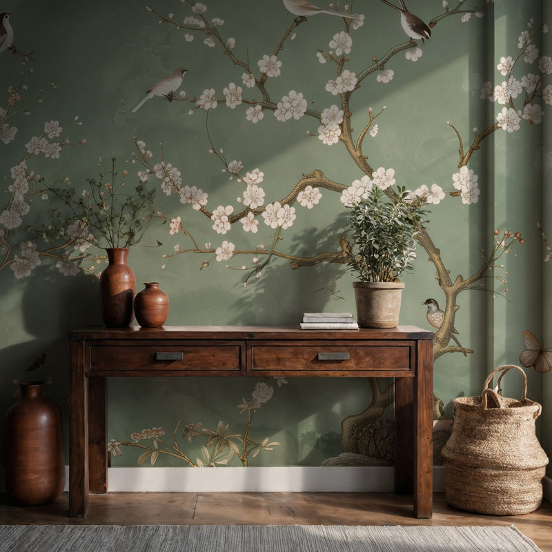 Papier peint mural motif de fleurs printanières vertes | Branches de cerisier | Intissé ou adhésif, 90" W x 60" H, Non-Woven