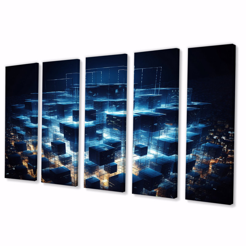 3D 3D Cityscape Futur Architecture Nova Blue - art mural toile architecture futuriste - 5 panneaux égaux