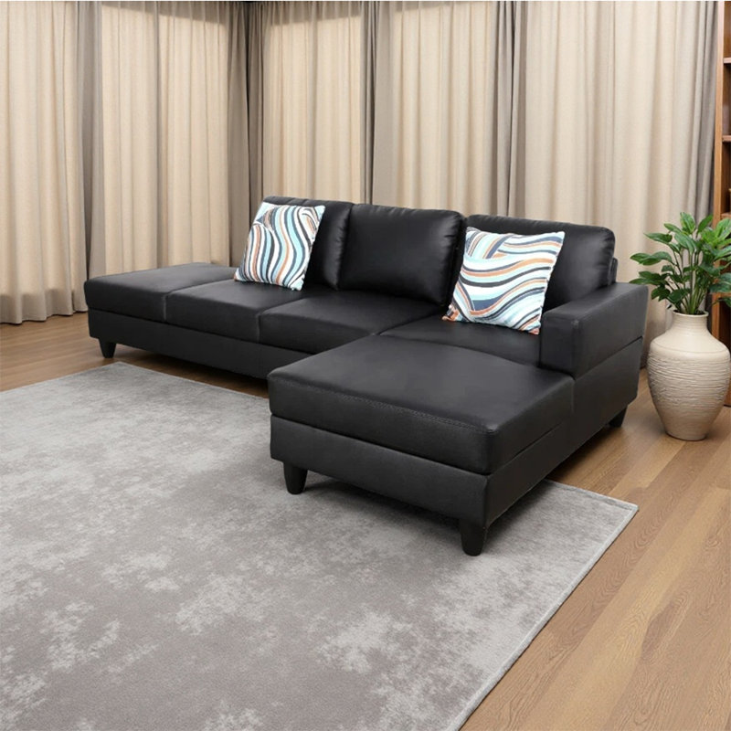 2-Piece Black Faux Leather L-Shaped Sectional Sofa, Right Hand Facing