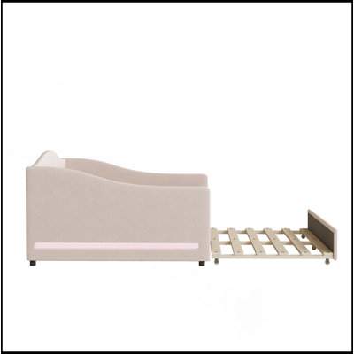 Teddy Fleece Full Size Upholstered Daybed With Light And Trundle, Beige