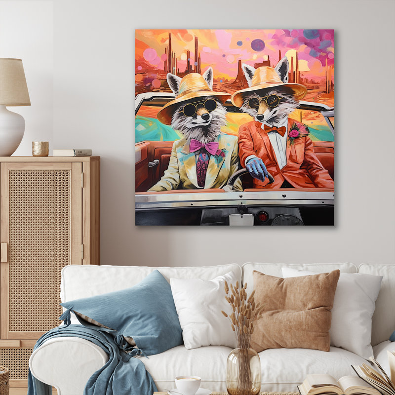 Adventurous Foxes Driving III - Fox Animal Wall Art, Wrapped Canvas, 36" H x 36" W x 1.5" D