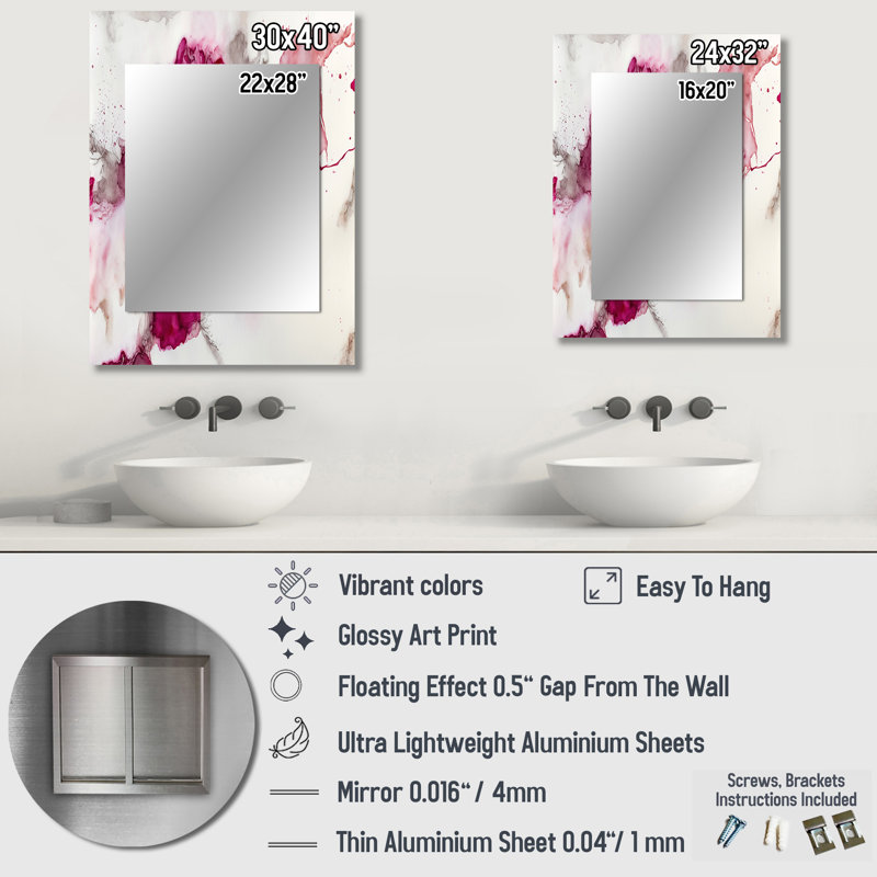 Ancient Mystery In Viva Magenta VI - Liquid Ink Large Wall Mirror, Modern Unique Mirror, Printed Metal Art, 40" x 30"