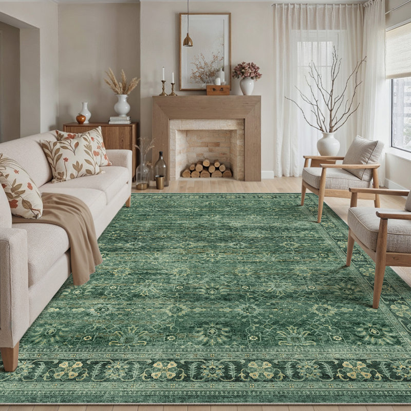 Havenly Vintage Machine Washable Area Rug For Living Room, Rectangle 3' x 5', Green