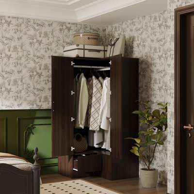 35.4'' Corner Wardrobe With Hanging Poles And Drawers