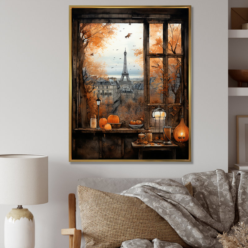«Retro Paris Window View 5 - City Paris», art mural, Cadre flottant doré, 60" H x 28" W