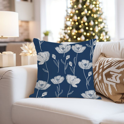 Floral Navy Blue Flowers Pattern III Flower Pillow Cover