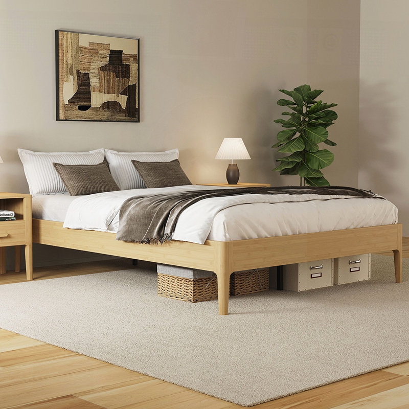 Base de lit plateforme en bambou avec lattes de bois - aucun sommier nécessaire, conception minimaliste, Double, Naturel